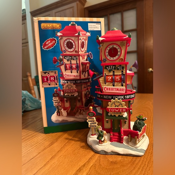Lemax Festive Red Tower Christmas Countdown Clock with Green Accents - Picture 1 of 3